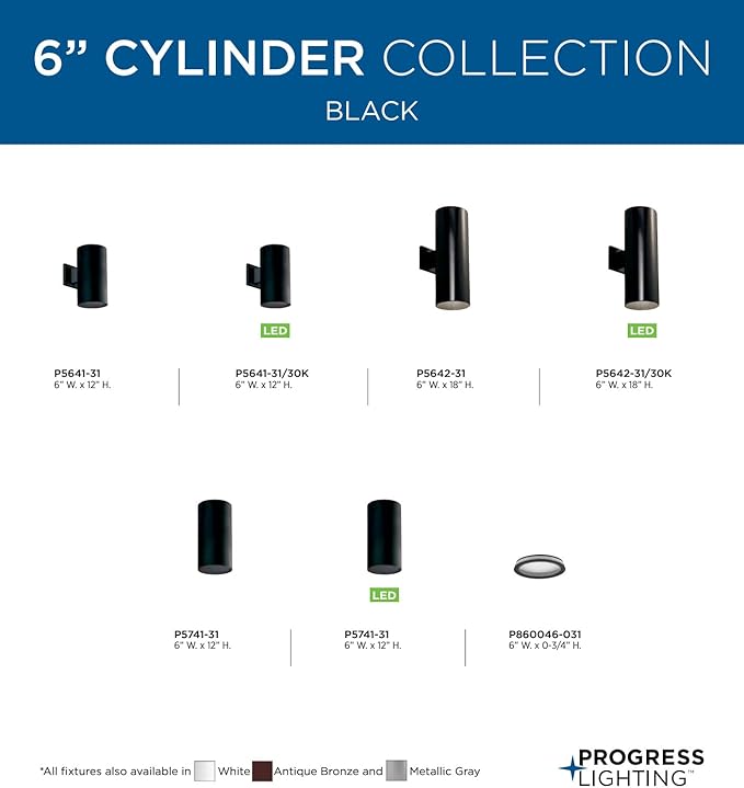 Progress Lighting 6-in Cylinder Outdoor Ceiling Light, 1-Light Modern Flush Mount, Interior and Exterior, Home or Porch, Aluminum, 6" W x 12". H, Black, P5741-31