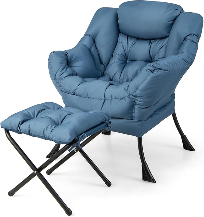 GORELAX Lazy Chair with Ottoman, Modern Accent Chair w/Armrests & Side Pocket, Upholstered Lounge Sofa Chair & Folding Footstool Set, Reading Chair for Bedroom, Living Room, Dorm Room (Navy)