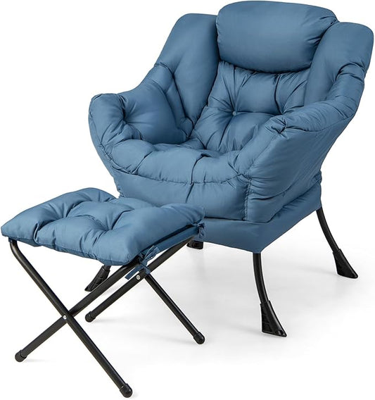 GORELAX Lazy Chair with Ottoman, Modern Accent Chair w/Armrests & Side Pocket, Upholstered Lounge Sofa Chair & Folding Footstool Set, Reading Chair for Bedroom, Living Room, Dorm Room (Navy)
