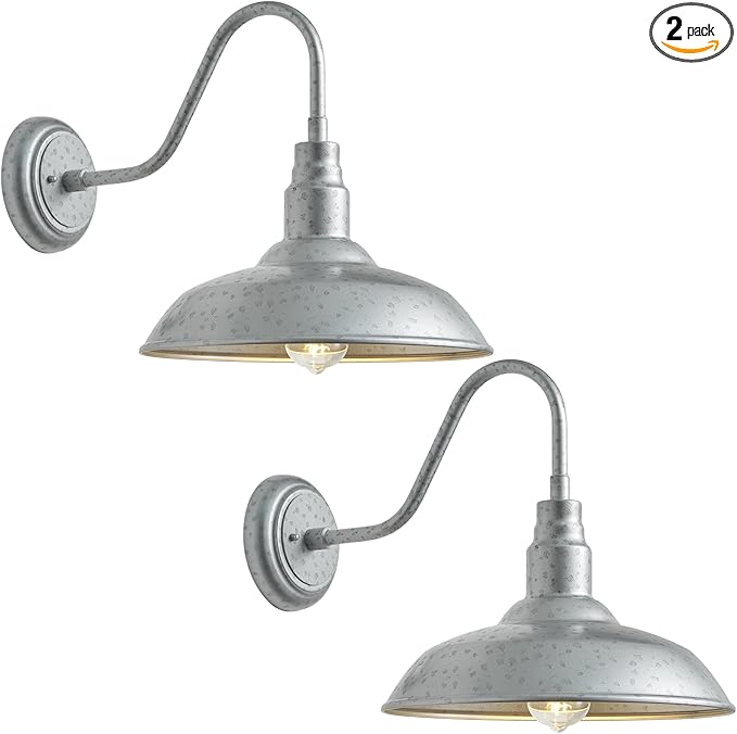 14 Inch Barn Farmhouse Outdoor Light Fixture, 2 Pack Exterior Gooseneck Lights with Galvanized Steel Finish, Outside Wall Sconce with Wall Mount for House, Porch, Patio