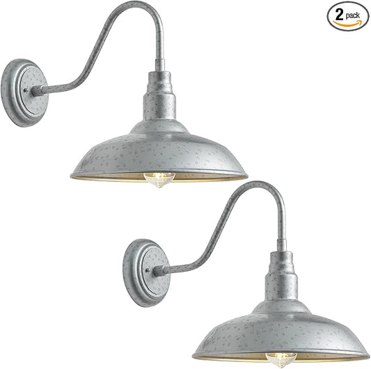 14 Inch Barn Farmhouse Outdoor Light Fixture, 2 Pack Exterior Gooseneck Lights with Galvanized Steel Finish, Outside Wall Sconce with Wall Mount for House, Porch, Patio