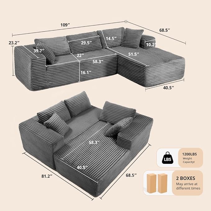 COMHOMA 105”Modular Sectional Sofa with Deep Seat,Cloud Upholstered L-Shape Couch Wide Arms Corduroy Fabric High-Density Foam Chaise Lounge for Living Room No Assembly Required