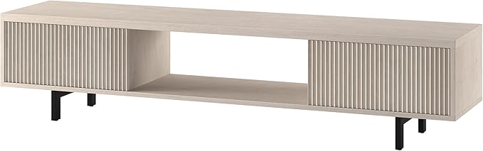 Henn&Hart Fluted TV Stand for TVs up to 78" with 2 Ribbed Side Storage Cabinets and Open Center Storage for Living Room, Family Room, or Office, Beech White