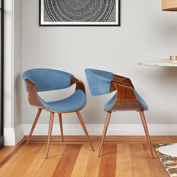 Armen Living Butterfly Mid-Century Dining Chair in Walnut Finish and Blue Fabric