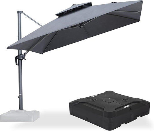 PURPLE LEAF Patio Umbrella with Base Included 10 Feet Outdoor Double Top Large Offset Hanging Square Cantilever Umbrella 360° Rotation for Garden Patio Deck Pool Backyard Cast Slate