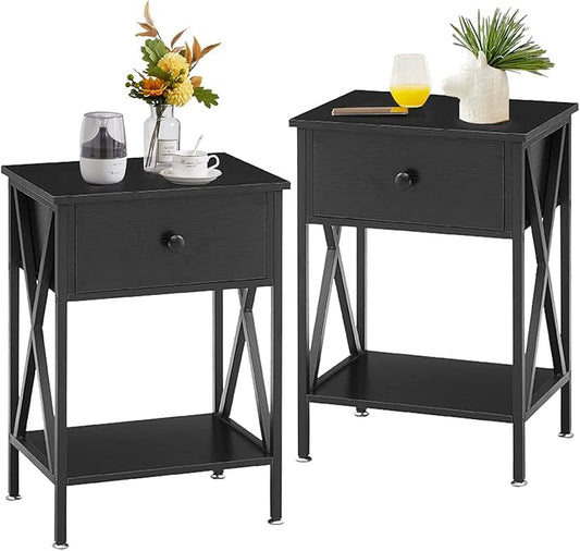 VECELO Nightstands Set of 2,End Tables with Storage Shelf&Fabric Drawer,Side Tables for Bedroom,Living Room,Small Spaces,Black