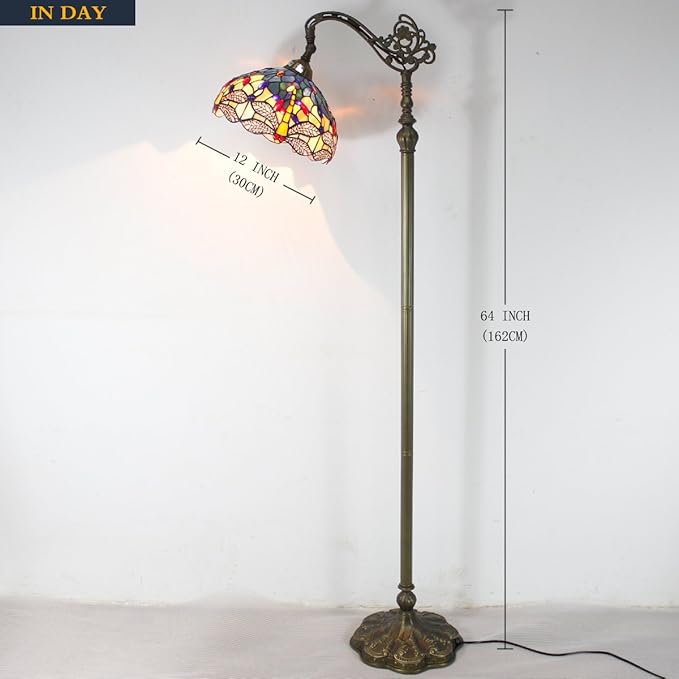 WERFACTORY Tiffany Floor Lamp Sea Blue Yellow Stained Glass Dragonfly Arch Lamp 12X18X64 Inch Gooseneck Adjustable Corner Stand Reading Light Decor Bedroom Living Room S128 Series
