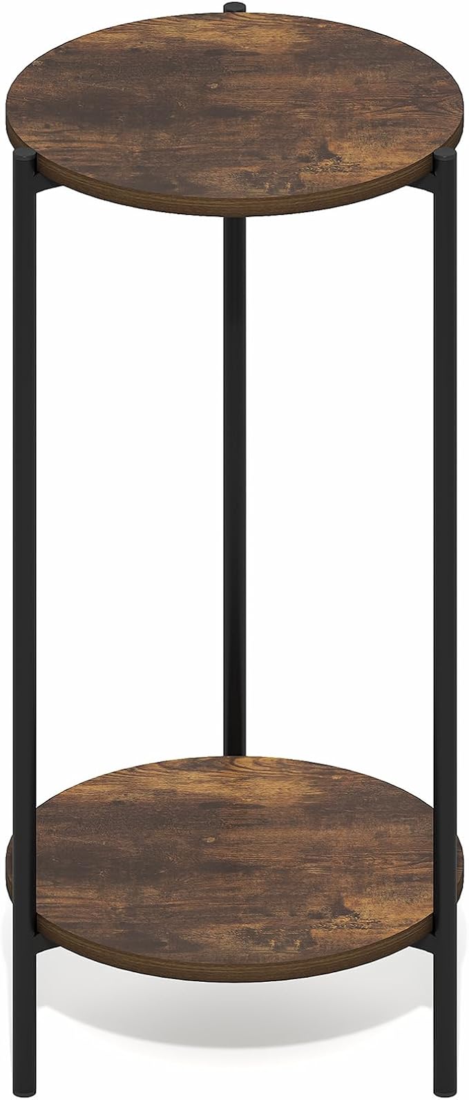 Furinno BESI Side Table, 2-Tier Tall Round Narrow End Table with Metal Legs, Metal Frame Night Stand, Bedside Table with Open Shelf, Easy Assembly, for Living Room, Bedroom, Amber Pine