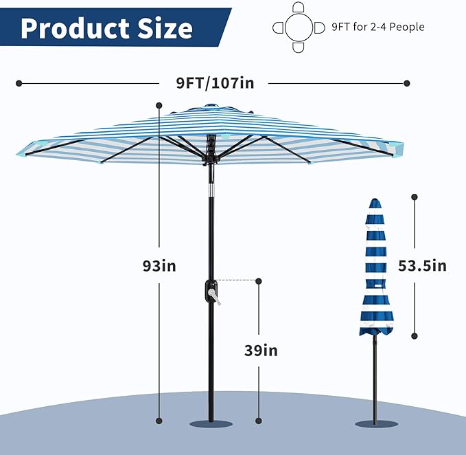 Garvee 9FT Patio Umbrella - Outdoor Table Umbrella with Crank Lift & Push Button Tilt - Market Umbrella 8 Sturdy Ribs UV Protection for Pool, Deck, Yard, Garden
