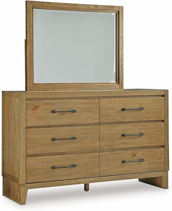 Signature Design by Ashley Sherbana Casual 6-Drawer Dresser and Mirror with Safety Stop and Felt-Lined Top Drawer, Light Brown