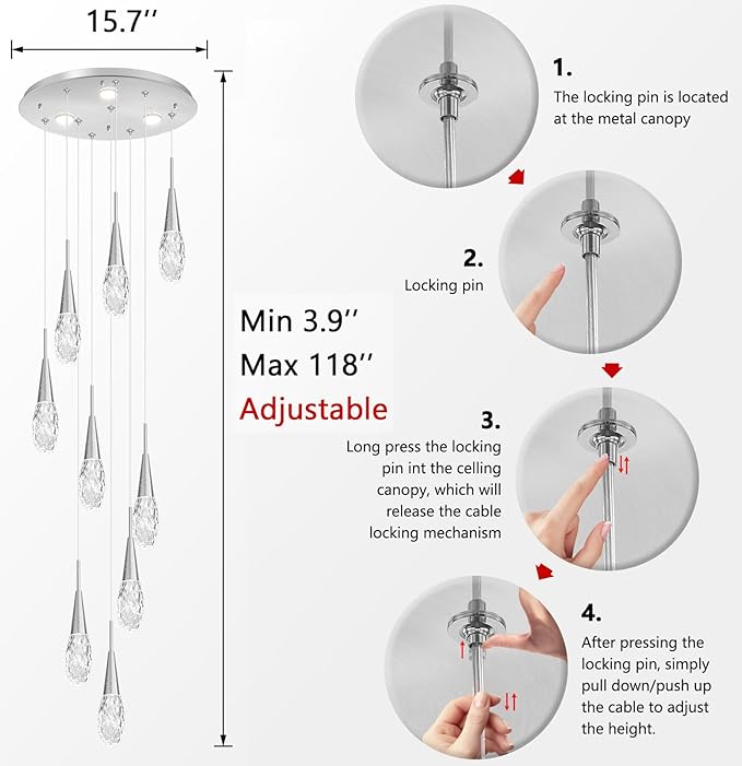118 Inches Long Chandelier Adjustable Hanging Lights Modern Glam Crystal Ceiling Pendant Dimmable Lighting Fixture for Hallway Foyer Living Room Silver