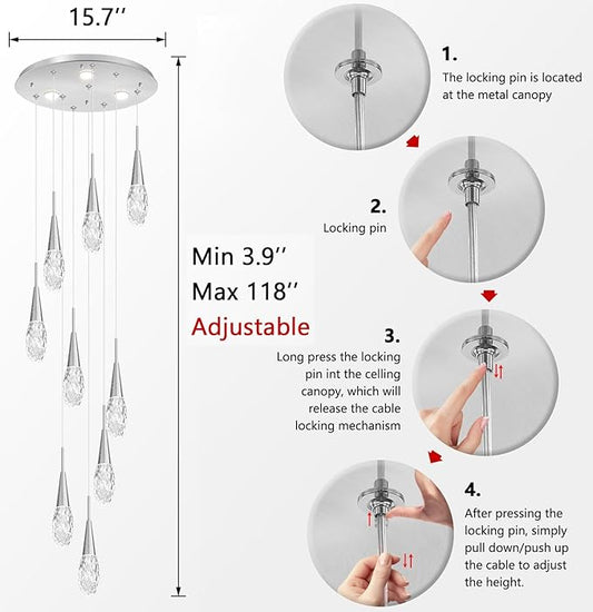 118 Inches Long Chandelier Adjustable Hanging Lights Modern Glam Crystal Ceiling Pendant Dimmable Lighting Fixture for Hallway Foyer Living Room Silver