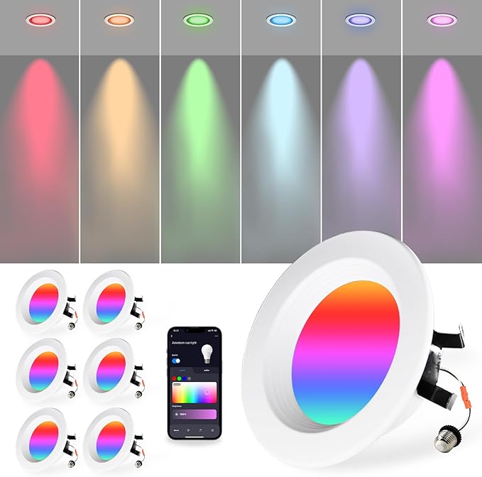Wi-Fi & Retrofit Led Recessed Lighting 4 inch,Color Changing Recessed Lights,Dimmable Recessed Lighting,9W 750LM Smart Downlight,Work with Alexa/Google,IC Rated & ETL Certified,6 Pack