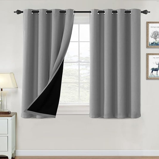 H.VERSAILTEX 100% Blackout Curtains for Bedroom Thermal Insulated Blackout Curtains 45 inch Length Full Light Blocking Window Drapes for Living Room with Black Liner 2 Panels, Dove Gray