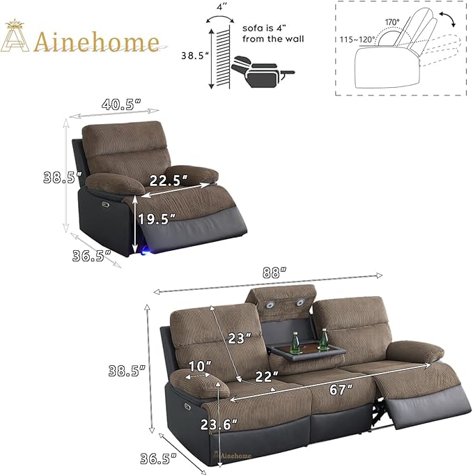 A Ainehome Power Recliner Sofa and Chair with USB Port, Living Room Furniture Sets, Corduroy Sofa Reclining Sectional Couches for Living Room with LED Light/Storage Console/Cup Holders