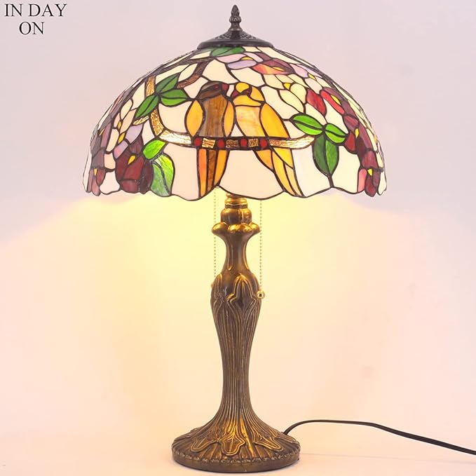 WERFACTORY Tiffany Style Table Lamp Double Birds Colorful Stained Glass Bedside Lamp 16X16X24 Inches Desk Light Metal Base Decor Bedroom Living Room Home Office S803 Series