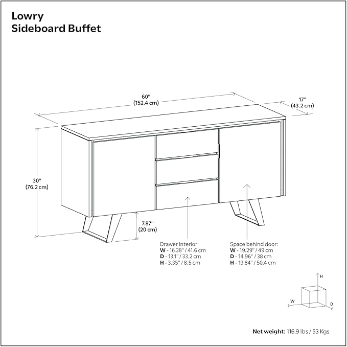 SIMPLIHOME Lowry 60 inch x 17 inch Rectangle Modern Industrial Sideboard Buffet in Oak Veneer for the Dining Room and Kitchen