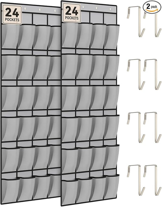 dodowin Over the Door Shoe Organizers, 2 Pack, Each with 24 Deep Mesh Pockets & 4 Metal Hooks, Over The Door Shoe Rack Space Saving Hanging Storage Holder for Closets, Shoes & Accessories, Gray
