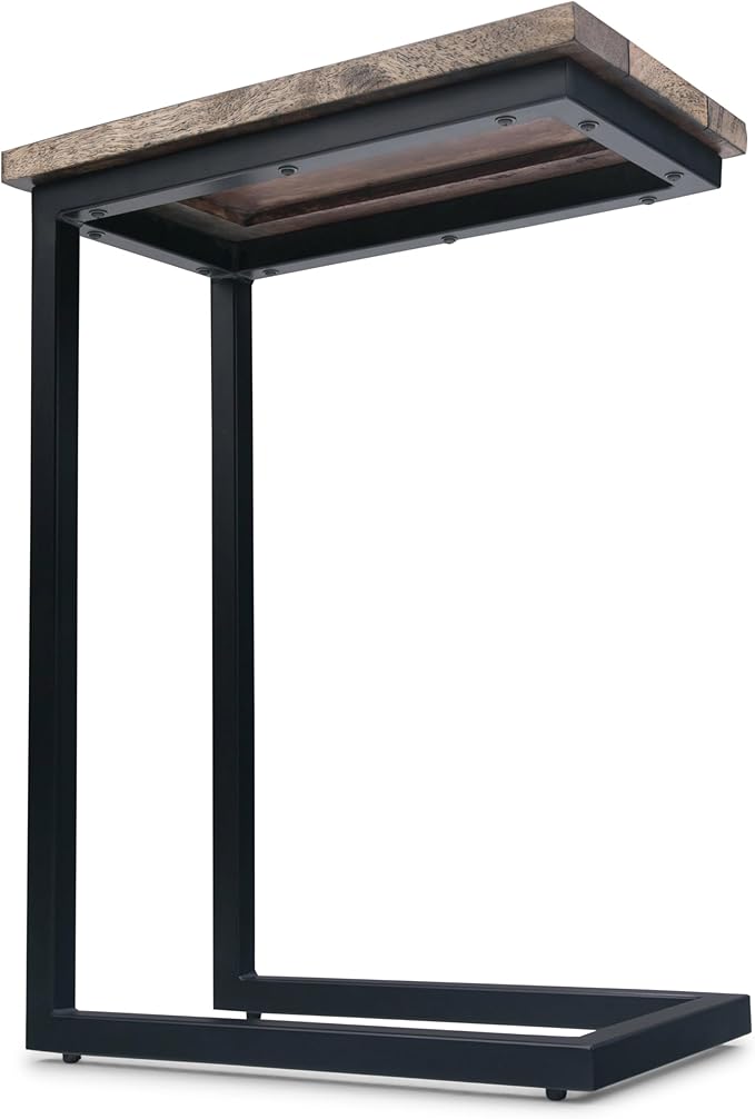 SIMPLIHOME Skyler C-Side Table - 18" Wide x 24" High Solid Mango Wood and Metal Slide-Under Table in Beach Brown, Industrial Accent Table or End Table for Living Room with Open Frame Design, Assembled