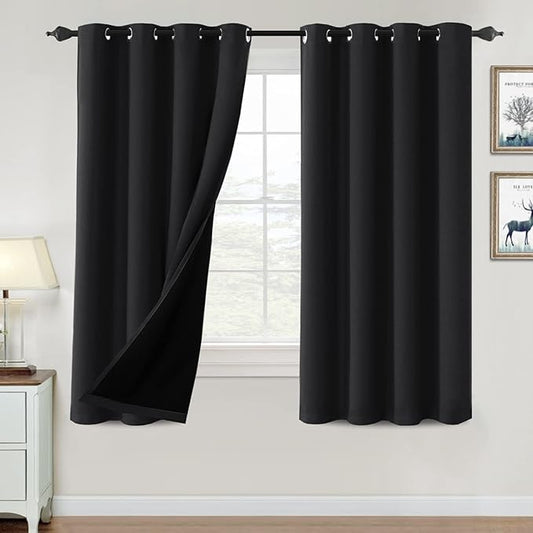 H.VERSAILTEX 100% Blackout Curtains for Bedroom Thermal Insulated Blackout Curtains 63 inch Length Heat and Full Light Blocking Curtains for Living Room with Black Liner 2 Panels Set, Jet Black