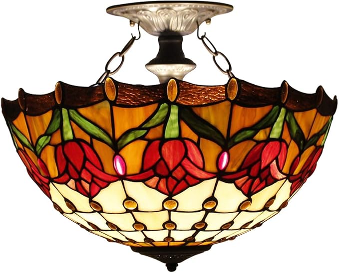 WERFACTORY Tiffany Ceiling Light Fixture Red Yellow Tulip Stained Glass Semi Flush Mount Lamp Wide 16 Inch Height 15 Inch Tiffany Ceiling Lamp S030 Series