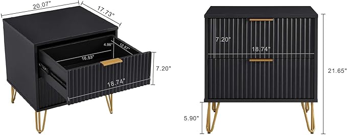Manhattan Comfort Dumbo Modern Nightstand 2.0 with 2 Metal Feet | Splayed Gold Legs | Vertical Ribbed Design | No Tool Assembly Storage for Bedroom, Set of 2, Black