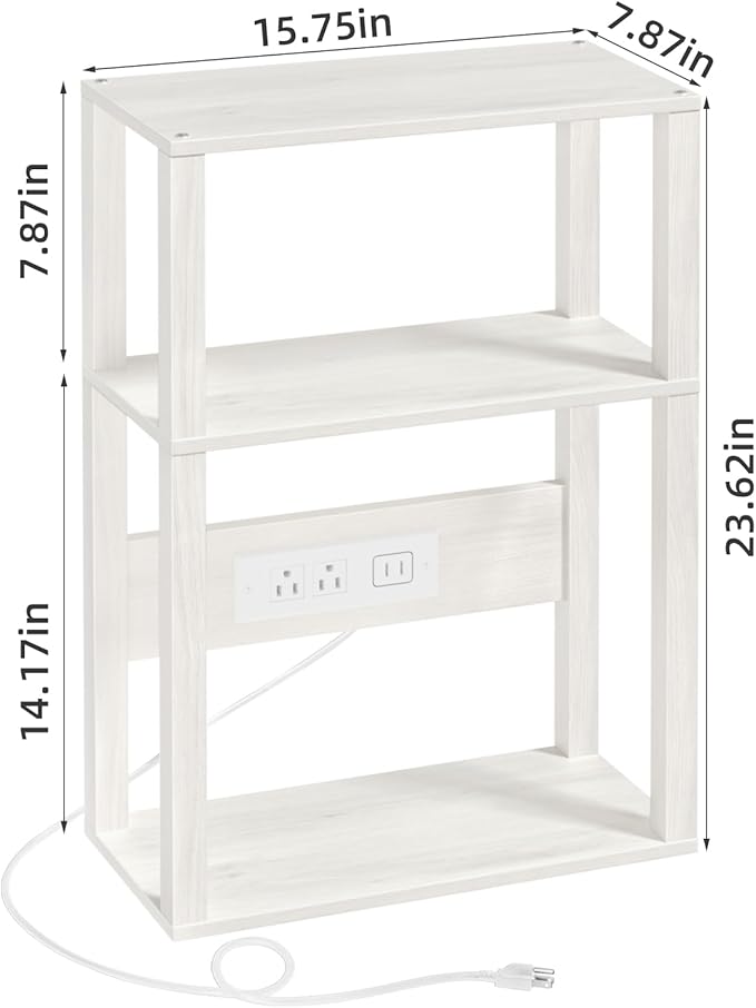 3-Tier Small Narrow Wood Side Table with Charging Station, Skinny Nightstand for Small Space, Slim Bedside Table with Storage for Couch, Thin End Table with USB Ports and Outlets, Grey White