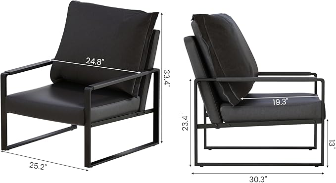 AWQM Modern PU Leather Accent Chair Arm Chair with Extra-Thick Padded Backrest and Seat Cushion Sofa Chairs for Living Room Bedroom, 105 Degree Slant Back, Non-Slip Adsorption Feet-Black（Set of 1）