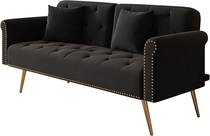 Convertible Futon Sofa Bed , Adjustable Sleeper Couch Modern Velvet Tufted Recliner Reversible Loveseat Folding Daybed Guest Bed Sofacama w/ Nailhead Trim and Golden Metal Legs for Living Room Office