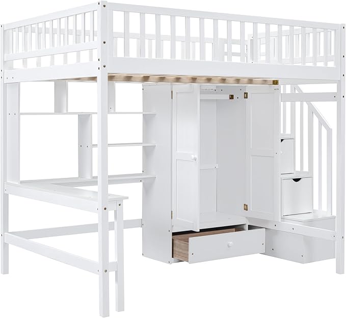 Full Loft Beds Stairway Loft Bed Frame with Wardrobe, Desk, Bookshelf and Drawers, White