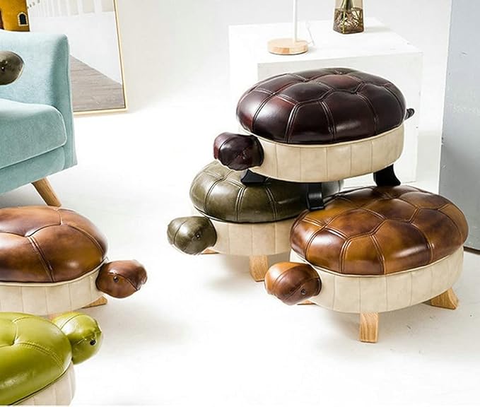 Animal Ottoman Footstool, Turtle Sofa Stool, PU Leather Upholstered Wood Ottoman Foot Stool (Color : Light Brown-S)