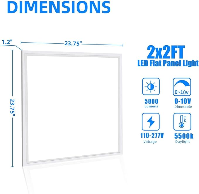 6 Pack 2x2 LED Flat Panel Light 45W,5800LM, Edge-Lit 2x2FT LED Panel Drop Ceiling Light Fixtures,5000K Daylight White,0-10V Dimmable Troffer Lights,Works from 110-277V AC