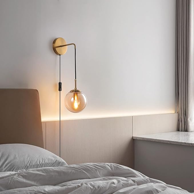 Wall Sconces Set of Two Plug in Wall Sconces with Globe Amber Glass Shade Wall Lamp with Cord Wall Sconce Plug in Brushed Brass Gold Sconces Set of 2 Wall Light Sconce