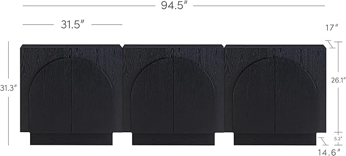 Nathan James Iris Mid-Century Modern Credenza, Black TV Stand, Living Room Wood Storage Cabinet with Arched Cabinet Doors, Black Credenza Cabinet for Kitchen or Living Room, Black Oak, Set of 3