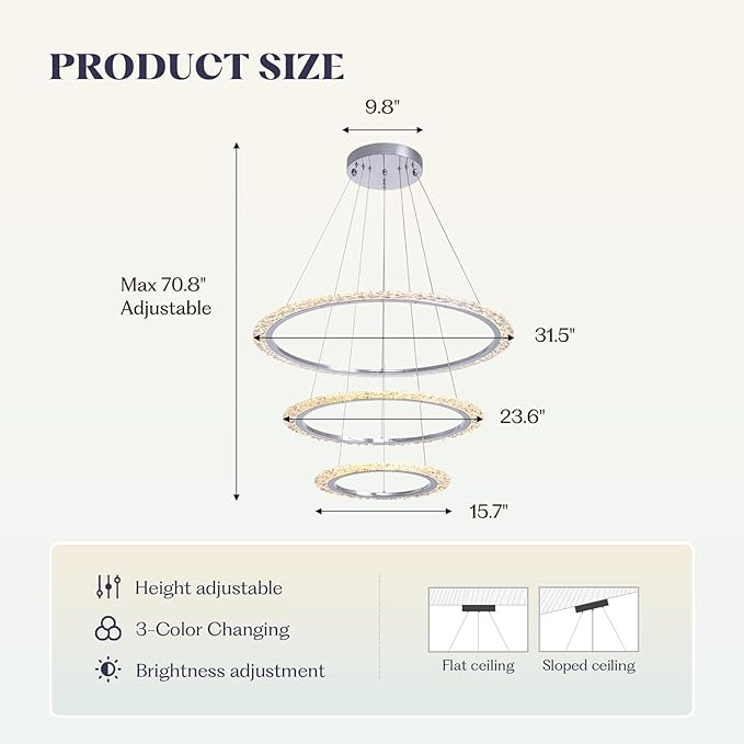 Modern LED Chandelier 𝐃𝟑𝟏.𝟓" 3 Ring Crystal Chandeliers for Dining Room Ceiling Lighting Fixture Adjustable Height Round Pendant Lights Silver Ring Chandelier for Living Room Bedroom