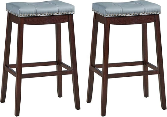 COSTWAY Bar Stools Set of 2, 29-Inch Height Backless Counter Stool with Footrest, Soft Seat Cushion, Wood Legs and Non-Slip Foot Pad, Saddle Stools for Home Kitchen Living Room, Stone Gray+Dark Brown