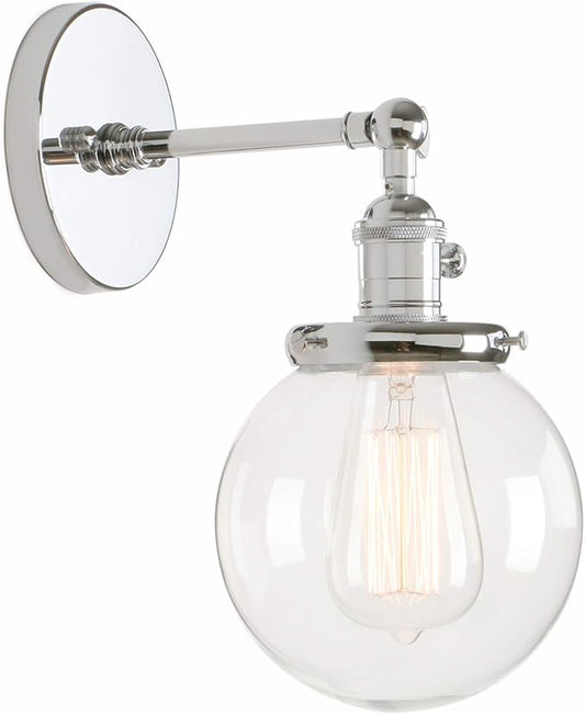 PERMO Vintage Industrial Wall Sconce Lighting Fixture with Mini 5.9" Round Clear Glass Globe Hand Blown Shade (Chrome)