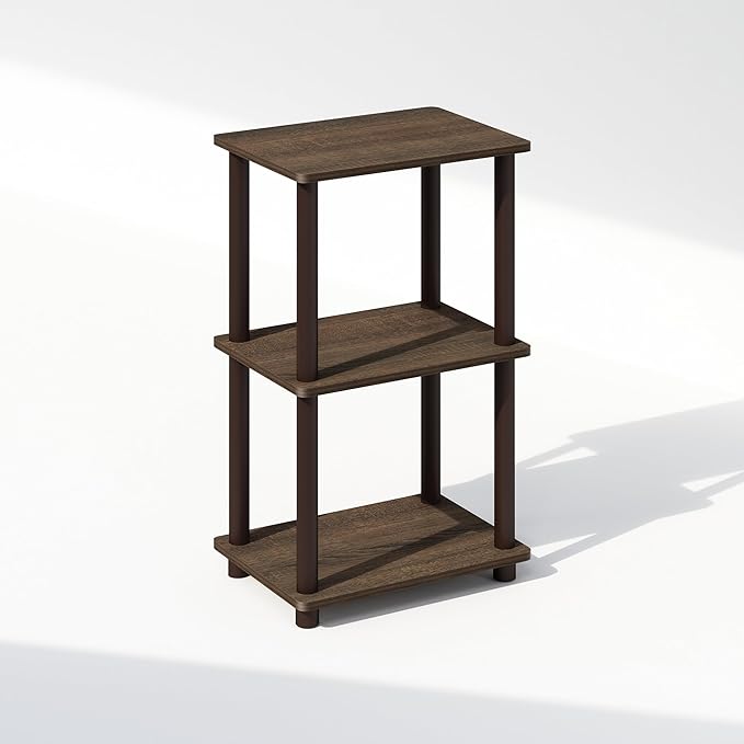 Furinno Turn-N-Tube Side Table, 2-Tier End Table with Open Shelf, Easy Assembly Night Stand, Bedside Table with Round Tube, for Living Room, Bedroom, Walnut