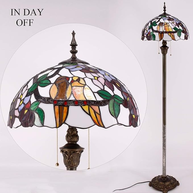WERFACTORY Tiffany Floor Lamp Double Tropical Birds Stained Glass Standing Reading Light 16X16X64 Inches Antique Pole Corner Lamp Decor Bedroom Living Room Home Office S803 Series