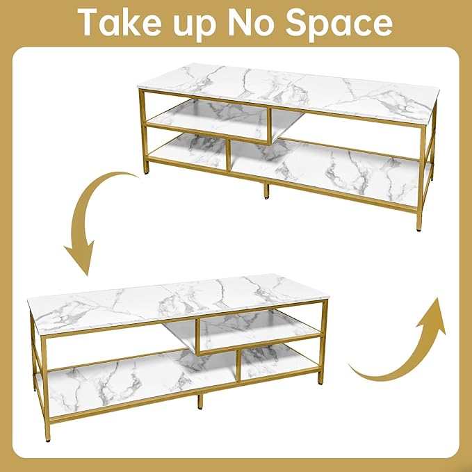 AT-VALY TV Stand for 55-75 inch TVs, Metal&MDF TV Stand with 3-Tier Storage Shelves for Living Room, Entertainment Center with Storage Cabinets (Gold)