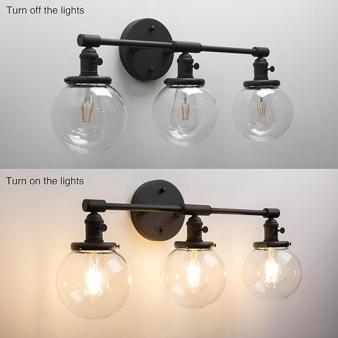 PERMO Vintage Wall Sconce Antique 3 Lights Modern Vanity Light Over Mirror Sconce with 5.9" Round Clear Glass Globe Shade (Black)