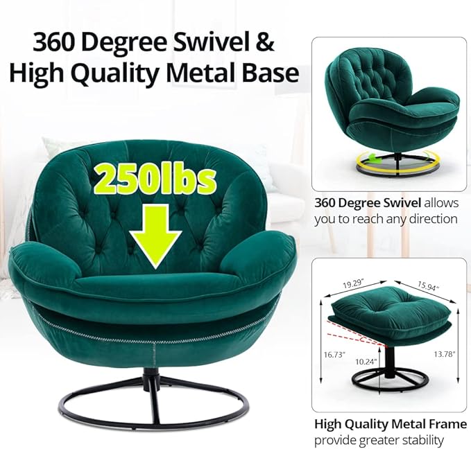 Velvet Swivel Accent Chair with Ottoman Set, Modern Lounge Chair with Metal Base Frame & Footrest, Comfortable Single Leisure Sofa Chair Reading Chair with 360 Degree Swiveling for Living Room, Green