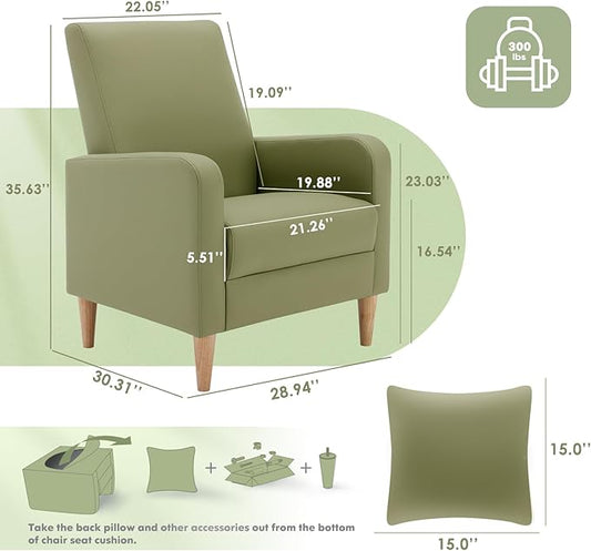 COLAMY Accent Living Room Chairs Set of 2, Upholstered Faux Leather Arm Chair Reading Side Chair with Back Pillow and Wood Legs, L-Green