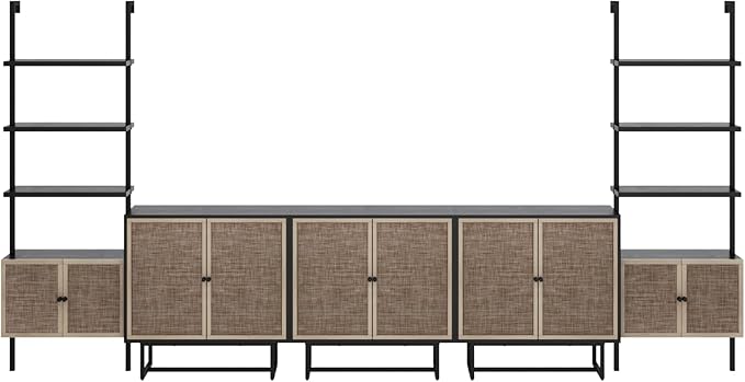 Nathan James Kova Bohemian Entertainment Center Wall Unit with Bookshelves, Bookcase TV Stand with Rattan Door Fronts, Entertainment Wall Unit with Storage, Black Oak/Cane