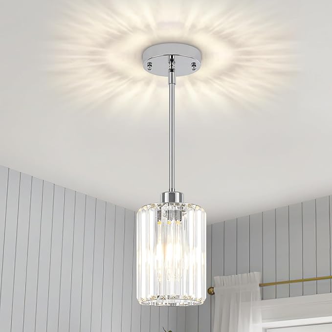 Chrome Pendant Lights, Modern Crystal Pendant Lighting for Kitchen Island, Mini Kitchen Chandeliers Hanging Pendant Lights for Bedroom Dining Room Hallway
