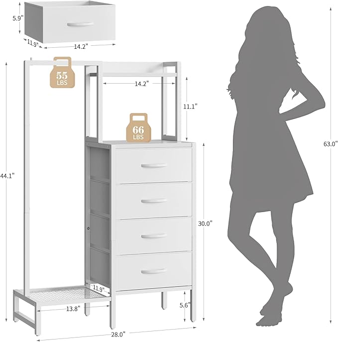 Yoobure White Dresser with Hanging Rack - Small Dresser for Bedroom with 4 Drawers, 44'H Chest of Drawers, Reversible Kids Dressers with Storage Shelf, Closet Dressers with Clothes Rack, Sturdy Frame