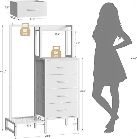 Yoobure White Dresser with Hanging Rack - Small Dresser for Bedroom with 4 Drawers, 44'H Chest of Drawers, Reversible Kids Dressers with Storage Shelf, Closet Dressers with Clothes Rack, Sturdy Frame