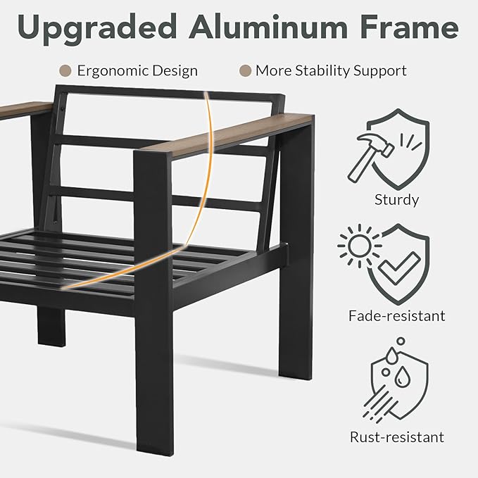 Outdoor Patio Furniture Set 2 Pieces Armchair with Washable Thick Cushions, Luxury Aluminum Patio Furniture Chair Modern Outside Sectional Set for Porch, Balcony, Deck, Yard, Dark Gray