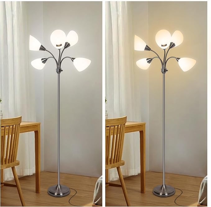 HonoDing Medusa Floor Lamps Standing Lamps 5 Heads Adjustable Reading Light Large Shade Use E26 A19 Bulb Floor Lamps for Living Room Bedroom (Satin Nickel)