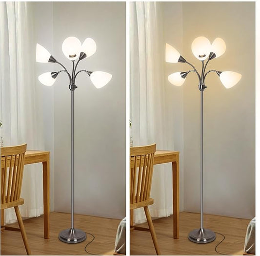 HonoDing Medusa Floor Lamps Standing Lamps 5 Heads Adjustable Reading Light Large Shade Use E26 A19 Bulb Floor Lamps for Living Room Bedroom (Satin Nickel)